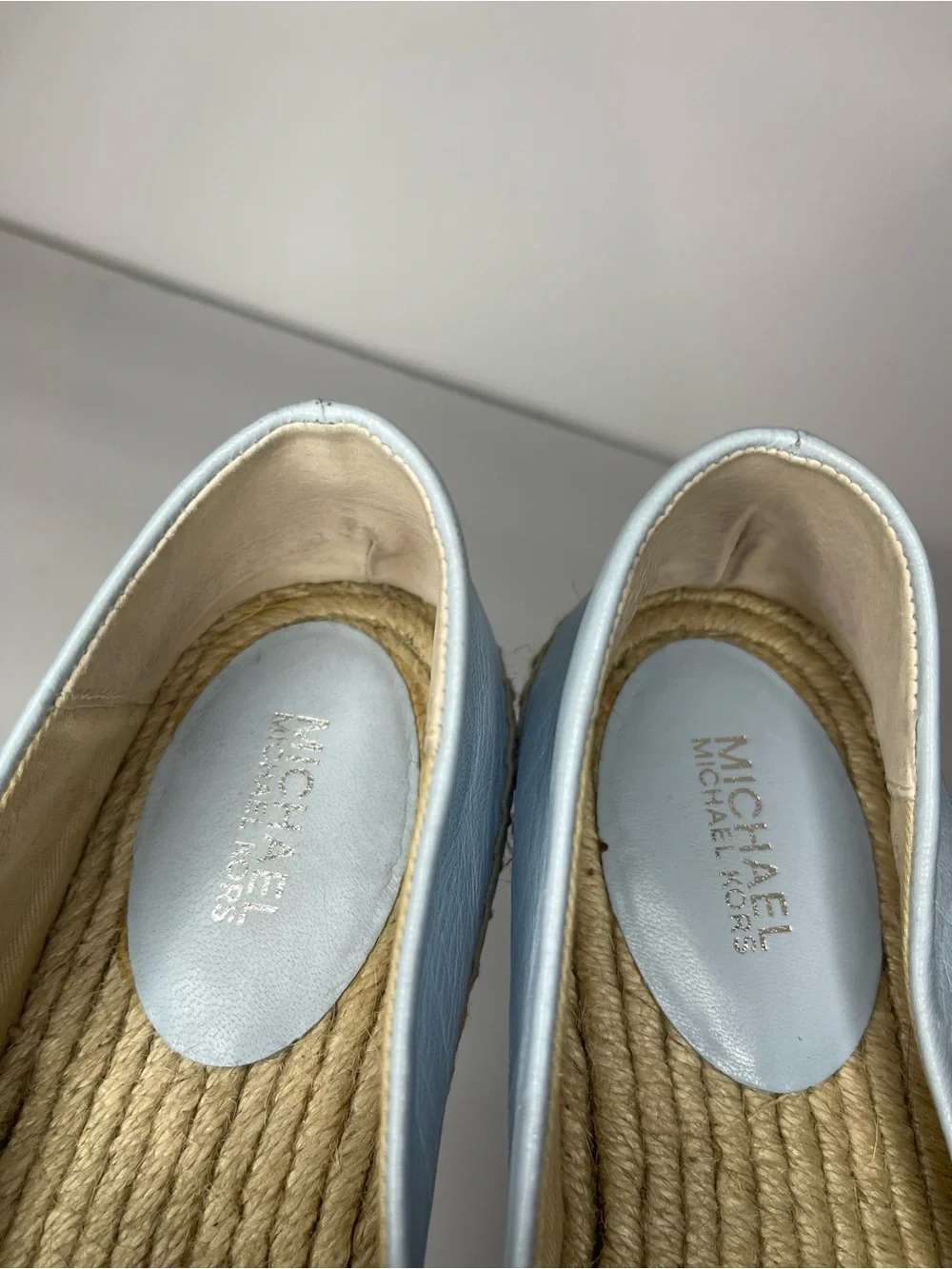 Michael Kors Light Blue Leather Lola Espadrilles size 36 Floral Appliqué